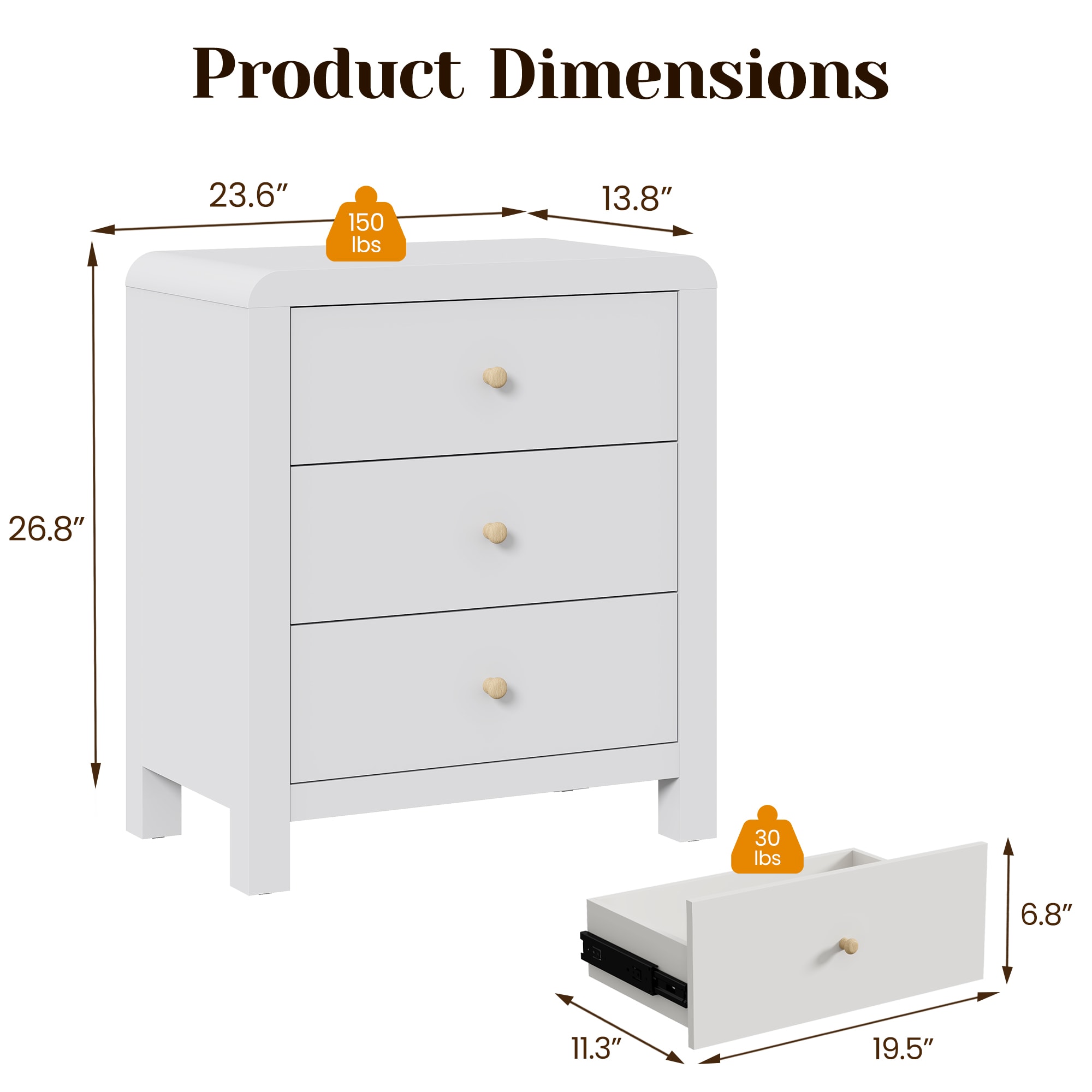 3 Drawer Dresser With Rounded Table Corners, Modern Chest Of Drawers, Large Nightstand Side Table, Wood Storage Dressers Organizer For Bedroom, Living Room, Entryway, White/Natural Wood_maomaolike.com